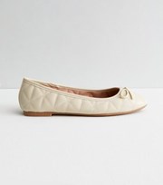 New Look Off White Quilted Leather-Look Bow Ballerina Pumps